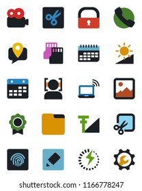 Color and black flat icon set - wireless notebook vector, mobile tracking, term, call, gallery, sd, folder, calendar, notes, brightness, cut, lock, face id, fingerprint, video, cellular signal