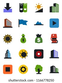 Color and black flat icon set - sun vector, office building, book, money bag, tree, play button, stop, rec, download, brightness, mountains, flag