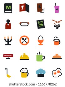 Color and black flat icon set - hot cup vector, spoon and fork, coffee, waiter, dish, cook hat, wine card, menu, reserved, reception, phyto bar, beer, egg stand, candle, restaurant receipt, dog
