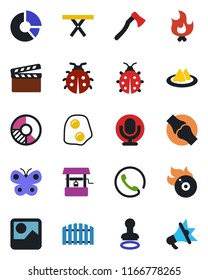 Color and black flat icon set - stamp vector, circle chart, butterfly, lady bug, fire, well, axe, picnic table, joint, clapboard, flame disk, microphone, gallery, fence, phone, serviette, omelette