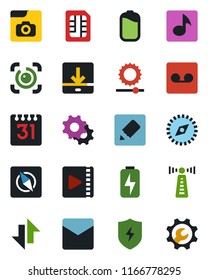 Color and black flat icon set - antenna vector, protect, settings, mail, record, sim, calendar, notes, data exchange, download, brightness, compass, eye id, music, video, photo gallery, battery