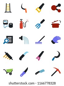 Color and black flat icon set - document search vector, garden fork, rake, ladder, wheelbarrow, watering, glove, saw, sickle, knife, sprayer, blood pressure, rolling pin, steaming pan, social media