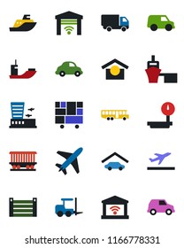 Color and black flat icon set - plane vector, departure, airport bus, fork loader, building, railroad, sea shipping, car delivery, port, container, consolidated cargo, warehouse storage, garage