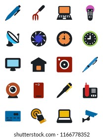 Color and black flat icon set - credit card vector, pen, notebook pc, garden fork, clock, satellite antenna, remote control, touch screen, monitor, radio phone, back, mobile camera, smart home, web