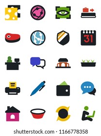 Color and black flat icon set - baggage conveyor vector, pen, manager place, house, seedling, shield, network, dialog, calendar, update, printer, cafe building, steak, bowl, cheese, eye scan, wallet