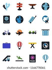 Color and black flat icon set - suitcase vector, arrival, passport, baggage larry, ladder car, flight table, plane globe, case, picnic, bike, route, signpost, earth, compass, air balloon