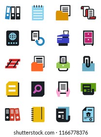 Color and black flat icon set - passport vector, contract, document search, notepad, reload, printer, folder, news, paper clip, binder, tray, archive box, copier, estate