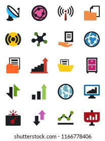 Color and black flat icon set - antenna vector, bomb in case, growth statistic, document, folder, satellite, network, share, data exchange, monitor statistics, point graph, archive box, wireless