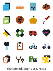 Color and black flat icon set - pumpkin vector, seeds, heart pulse, diagnosis, stethoscope, dropper, patch, ambulance car, bike, run, implant, clipboard, hospital, bread, rolling pin, cheese