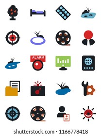Color and black flat icon set - bomb in case vector, passport, bed, statistic monitor, pond, pills blister, patient, folder document, reel, root setup, target, fruit tree, estate agent, alarm led