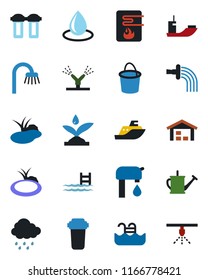 Color and black flat icon set - watering can vector, bucket, water drop, rain, pond, sea shipping, pool, supply, warehouse, bathroom, irrigation, heater, filter, sprinkler