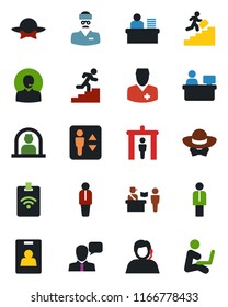 Color and black flat icon set - passport control vector, security gate, elevator, reception, manager, place, doctor, support, speaker, identity card, desk, career ladder, dress code, pass