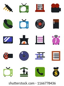 Color and black flat icon set - alarm clock vector, tv, abacus, well, film frame, vinyl, video camera, call, fireplace, rolling pin, fridge, money bag