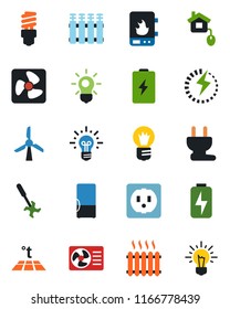 Color and black flat icon set - bulb vector, ripper, charge, heater, fridge, home control, socket, power plug, fan, water, air conditioner, radiator, warm floor, energy saving, windmill, battery
