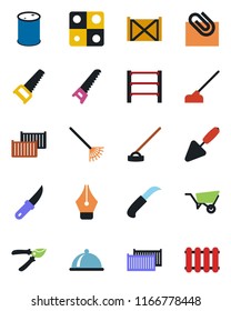 Color and black flat icon set - trowel vector, rake, wheelbarrow, pruner, saw, hoe, garden knife, cargo container, oil barrel, rack, application, paper clip, ink pen, dish, radiator