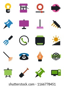 Color and black flat icon set - right arrow vector, presentation board, drawing pin, bulb, garden fork, shovel, rake, well, hdmi, brightness, fingerprint id, ink pen, phone, rolling, pc