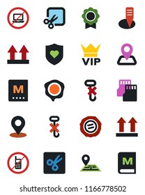 Color and black flat icon set - no mobile vector, laptop, vip, stamp, plant label, heart shield, navigation, up side sign, hook, sd, cut, place tag, sertificate, menu