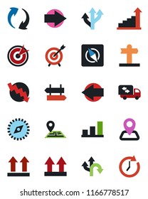 Color and black flat icon set - signpost vector, right arrow, left, growth statistic, crisis graph, route, navigation, up side sign, update, compass, bar, moving, target, clock