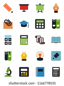 Color and black flat icon set - contract vector, book, calculator, graduate, presentation board, microscope, notes, copybook, paper clip, ink pen, pencil, shining head