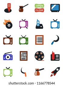 Color and black flat icon set - tv vector, abacus, sickle, plant label, reel, flame disk, radio, phone, open close, turkish coffee, rocket