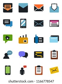 Color and black flat icon set - mobile phone vector, speaking man, mail, office, speaker, message, clipboard, home, schedule
