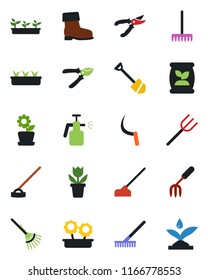 Color and black flat icon set - job vector, flower in pot, garden fork, farm, rake, pruner, boot, seedling, hoe, sickle, sprayer, fertilizer, irrigation