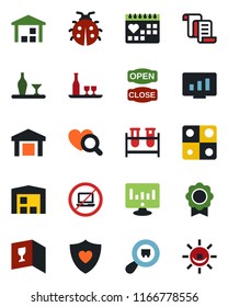 Color and black flat icon set - no laptop vector, contract, statistic monitor, lady bug, blood test vial, heart diagnostic, shield, medical calendar, warehouse, search cargo, application, alcohol
