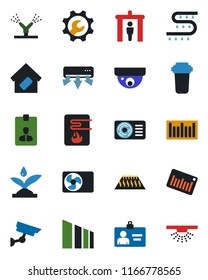 Color and black flat icon set - security gate vector, identity card, drip irrigation, sorting, barcode, root setup, air conditioner, smart home, water heater, filter, warm floor, surveillance