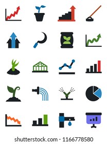 Color and black flat icon set - growth statistic vector, seedling, watering, sproute, hoe, sickle, greenhouse, fertilizer, drip irrigation, bar graph, pie, point, arrow up, crisis, presentation