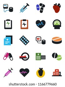 Color and black flat icon set - heart pulse vector, diagnosis, syringe, blood pressure, pills, blister, tomography, real, clipboard, hospital