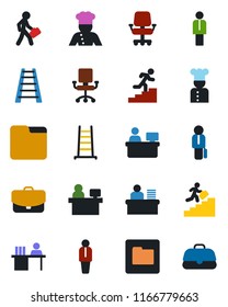 Color and black flat icon set - manager vector, place, ladder, folder, desk, career, cook, office chair, case