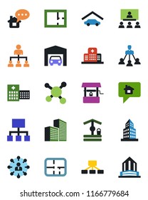 Color and black flat icon set - hierarchy vector, well, hospital, molecule, office building, garage, plan, home message