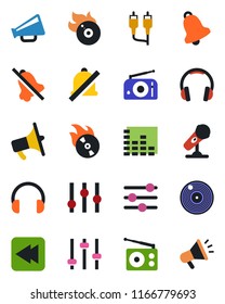 Color and black flat icon set - vinyl vector, flame disk, microphone, radio, loudspeaker, settings, equalizer, headphones, rewind, rca, tuning, bell, mute, advertising