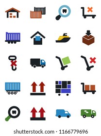 Color and black flat icon set - sea shipping vector, truck trailer, cargo container, car delivery, consolidated, warehouse storage, up side sign, no trolley, hook, package, search, moving