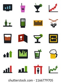 Color and black flat icon set - security gate vector, statistic monitor, barcode, scanner, bar graph, alcohol, wine card, drink, cocktail, phyto, beer, sushi, arrow up, growth