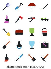 Color and black flat icon set - suitcase vector, baggage larry, job, shovel, farm fork, bucket, pruner, axe, scalpel, fragile, umbrella, themes, case, stamp, hard work