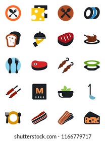 Color and black flat icon set - spoon and fork vector, cafe, menu, salad, plates, bacon, waiter, bread, chicken, steak, kebab, ladle, cheese