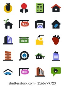 Color and black flat icon set - office building vector, real heart, contract, house, with garage, estate document, rent, sold signboard, search, agent, smart home, city, eco, message