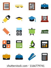 Color and black flat icon set - airport bus vector, calculator, graduate, abacus, presentation board, microscope, case, pencil, stapler
