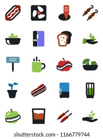 Color and black flat icon set - hot cup vector, seedling, plant label, diet, fridge, drink, salad, bacon, bread, kebab, dog, fan, palm sproute