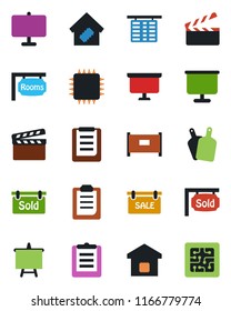 Color and black flat icon set - fence vector, flight table, presentation board, clipboard, clapboard, sale, rooms, sold signboard, smart home, cutting, chip