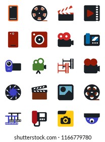 Color and black flat icon set - clapboard vector, film frame, reel, video camera, phone back, mobile, gallery, photo, intercome, surveillance