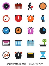 Color and black flat icon set - 24 around vector, alarm clock, flight table, calendar, heavy scales, stopwatch, manager, schedule, sand