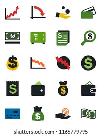 Color and black flat icon set - credit card vector, safe, dollar sign, money bag, crisis graph, cash, receipt, wallet, growth, search, investment
