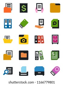 Color and black flat icon set - office binder vector, document search, receipt, folder, photo gallery, paper, tray, archive box, usb flash