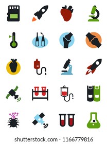 Color and black flat icon set - book vector, blood test vial, dropper, microscope, ampoule, real heart, joint, virus, satellite, sd, thermometer, rocket, flask