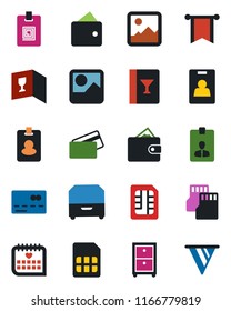 Color and black flat icon set - credit card vector, identity, medical calendar, gallery, sd, sim, archive box, wine, pass, wallet, pennon