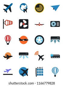 Color and black flat icon set - plane vector, radar, departure, wind, seat map, globe, air conditioner, fan, paper, balloon