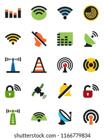 Color and black flat icon set - antenna vector, border cone, radar, satellite, equalizer, wireless, mute, lock