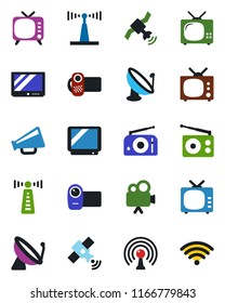 Color and black flat icon set - antenna vector, satellite, radio, loudspeaker, tv, video camera, wireless